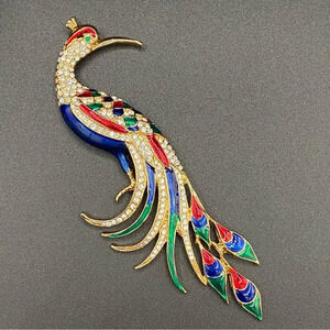 Colorful Bird Brooch In Blue, Red, Green Enamel and Sparkly  Rhinestones in Gold